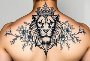 powerful majestic lion with a crown, surrounded by floral ornaments and birds tattoo idea