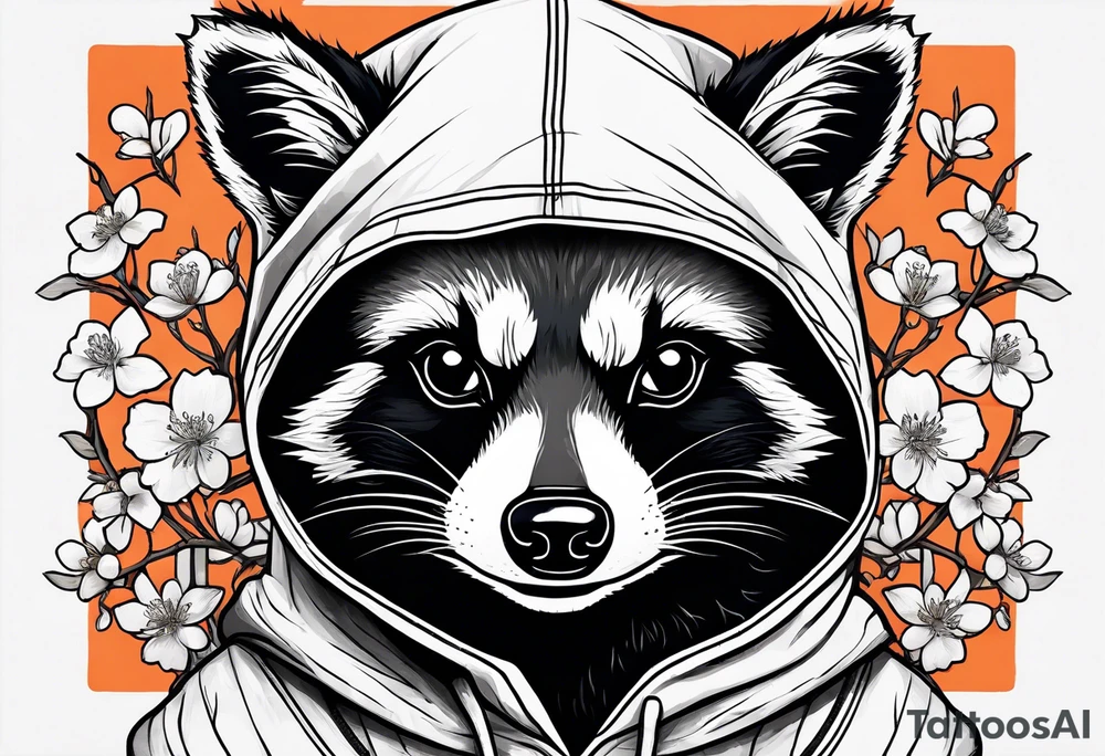 raccoon wearing a black and white Superman hoodie with orange Japanese cherry blossoms tattoo idea