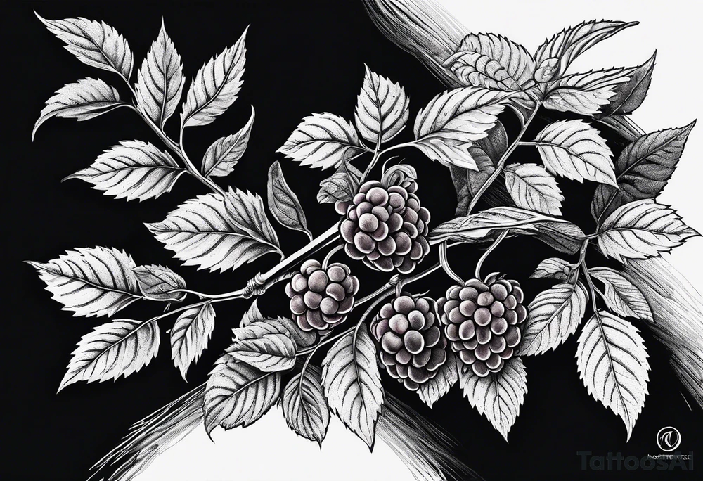 a long raspberry branch with lots of leaves and no shading tattoo idea