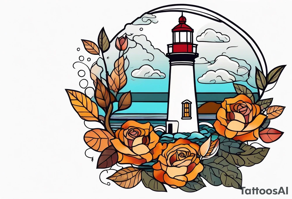 thigh tattoo in fall colors, showing lighthouse, water flow, rocks, sky, clouds, leaves, roses tattoo idea