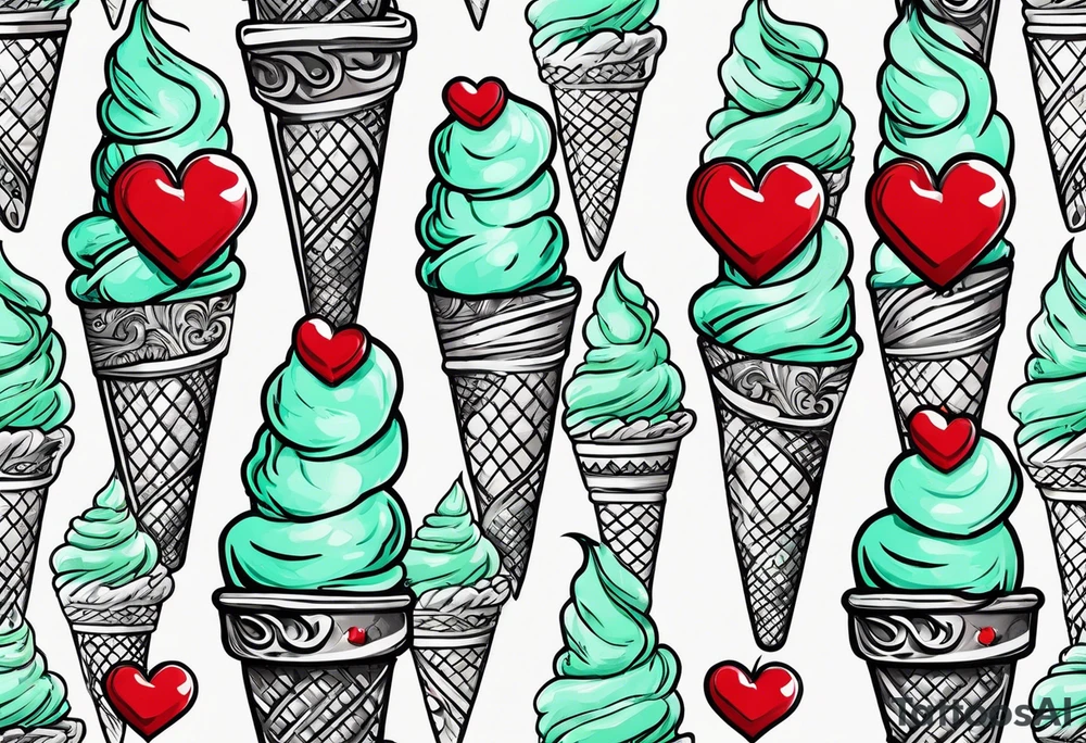 mint chocolate chip ice cream cone with small red heart on it somewhere. tattoo idea