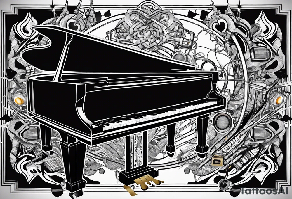 Lines and cables weave and interconnect the piano keys, drums, guitar, speakers, headphones, and cassette tapes. tattoo idea