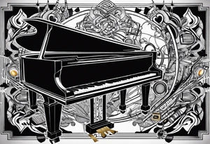 Lines and cables weave and interconnect the piano  keys, drums, guitar, speakers, headphones, and cassette tapes. tattoo idea