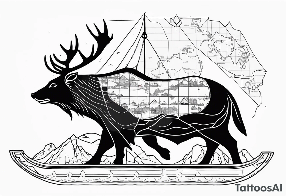 A badger and reindeer on an ark outlined by the map of Mallorca tattoo idea