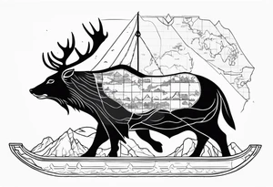 A badger and reindeer on an ark outlined by the map of Mallorca tattoo idea