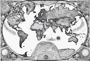 the earth with a flat map design without borders with light shading tattoo idea