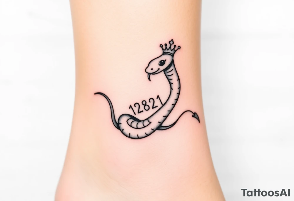 I want a small simple silhouette lines black and white wrist princess like girl snake tattoo that has number 12821 on its body along and also I want it to represent feminine energy crown queen Cycle tattoo idea