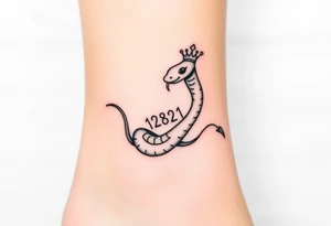 I want a small simple silhouette lines black and white wrist princess like girl snake tattoo that has number 12821 on its body along and also I want it to represent feminine energy crown queen Cycle tattoo idea