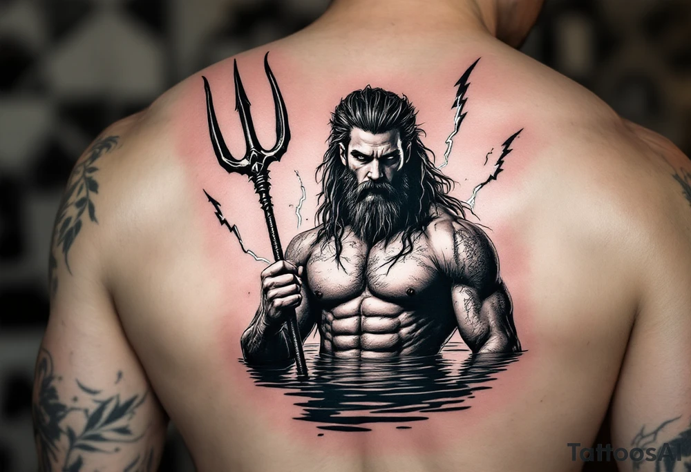 young, fit poseidon in calm water, behind a trident, holding a beer, with lightning tattoo idea