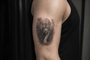 Hyperrealistic tiger emerging from a dense, misty jungle, close-up, dramatic lighting. tattoo idea