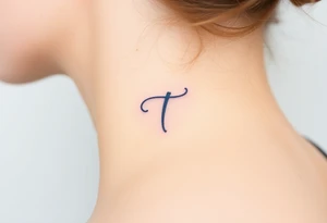 A handwritten "T" in indigo ink, underlined with a delicate wave. tattoo idea