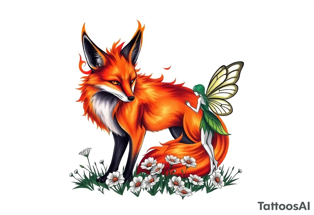 Fox made of fire with a fairy standing close to it  holding a emerild jem in a field of lillys tattoo idea