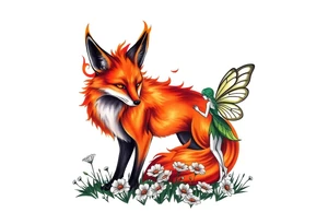 Fox made of fire with a fairy standing close to it  holding a emerild jem in a field of lillys tattoo idea