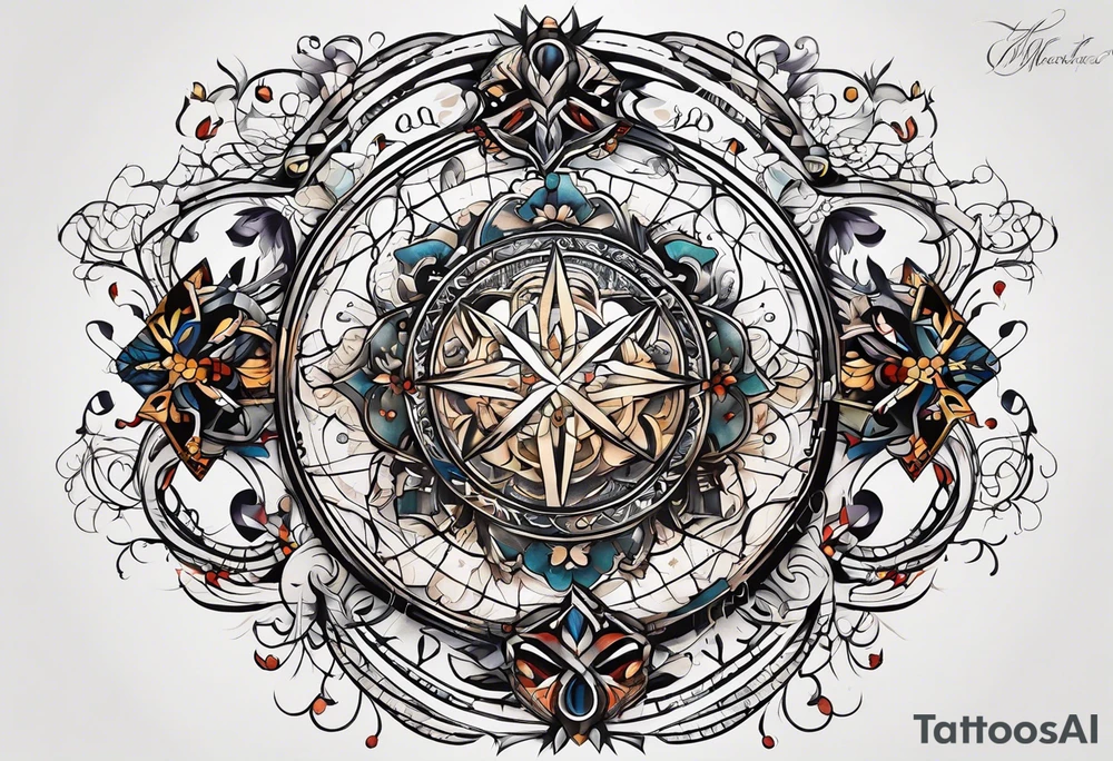 A tattoo design representing the interconnectedness of art, history, and cosmology, with elements of each intertwined in a visually striking way, tattoo idea