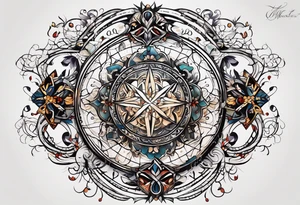 A tattoo design representing the interconnectedness of art, history, and cosmology, with elements of each intertwined in a visually striking way, tattoo idea