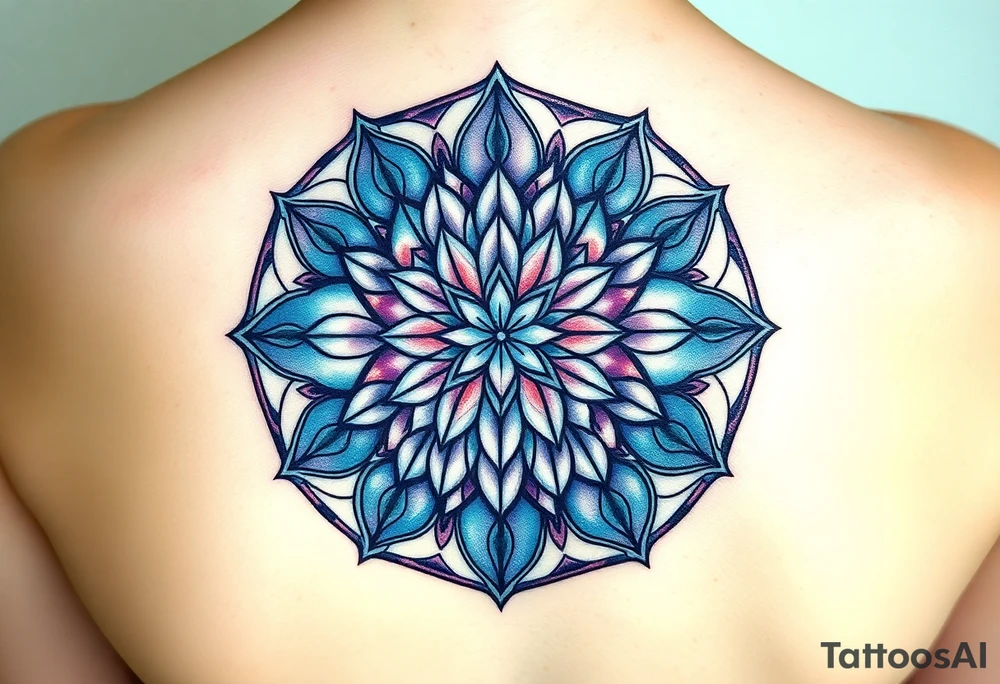 A symmetrical Flower of Life with hexagonal crystal details in round cyrcle, enhancing its sacred geometric nature. tattoo idea