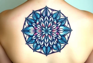A symmetrical Flower of Life with hexagonal crystal details in round cyrcle, enhancing its sacred geometric nature. tattoo idea