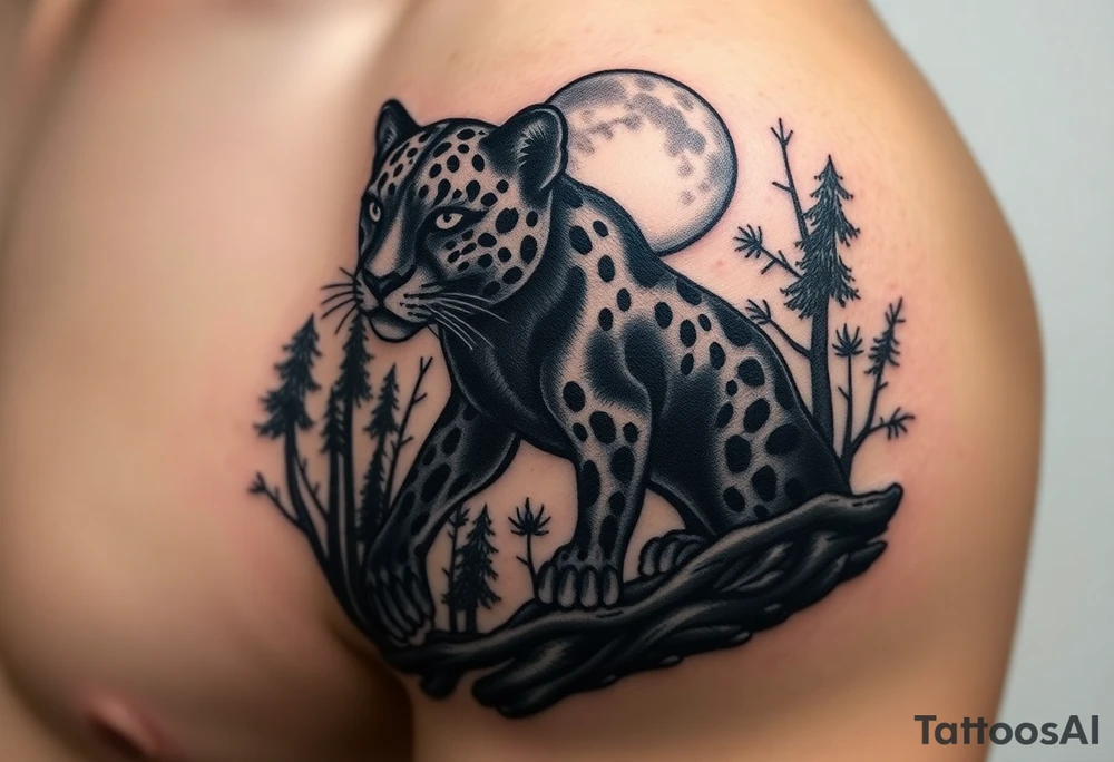 A Black leopard in the woods with moon in sky tattoo idea