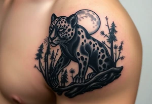 A Black leopard in the woods with moon in sky tattoo idea