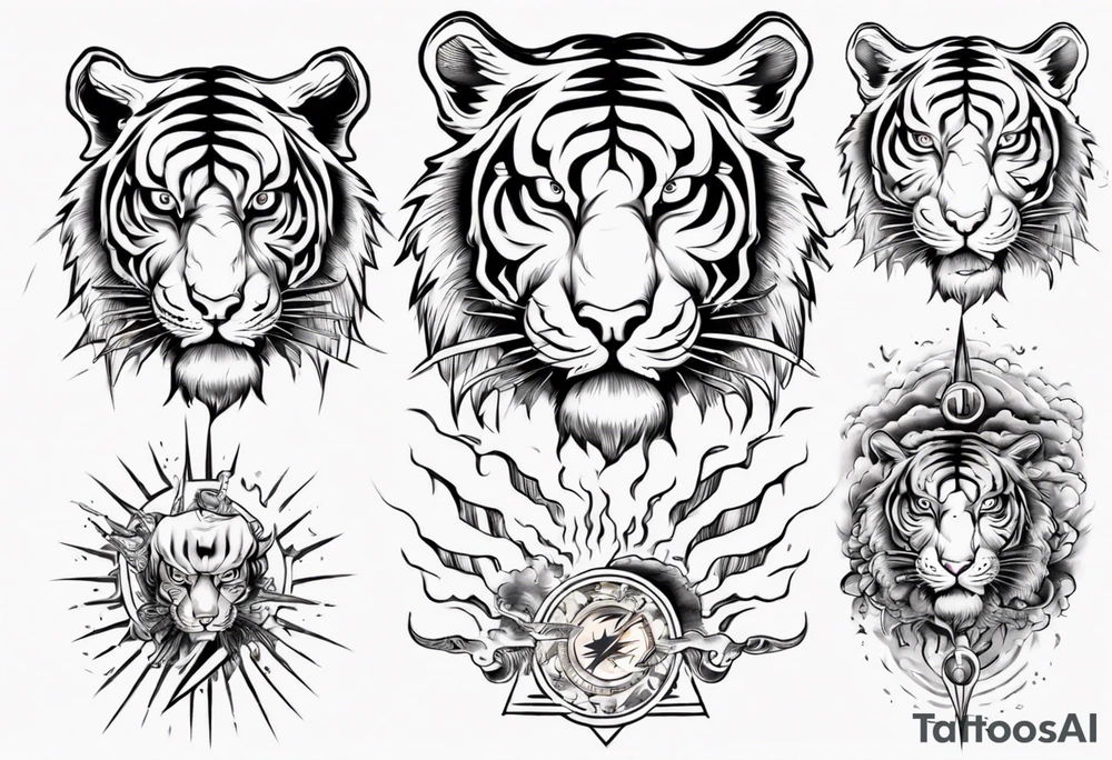 Tiger design with lightning and the sun for a forearm sleeve tattoo idea