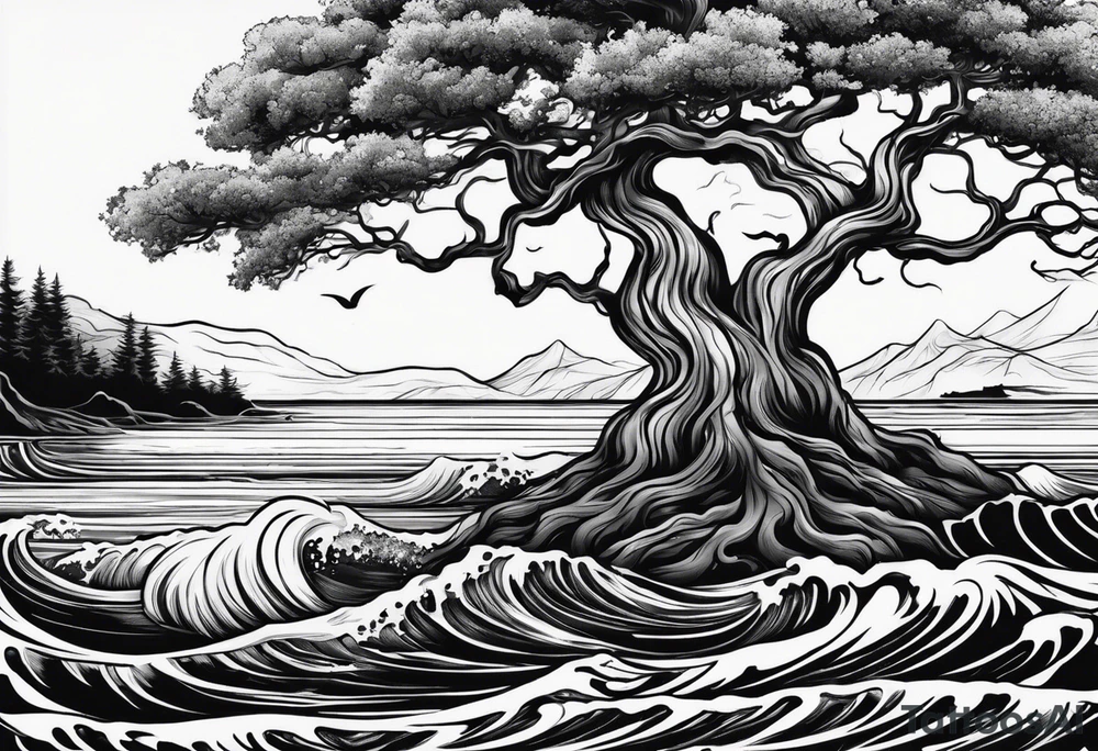 tree with roots growing around calming waves tattoo idea