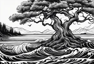 tree with roots growing around calming waves tattoo idea