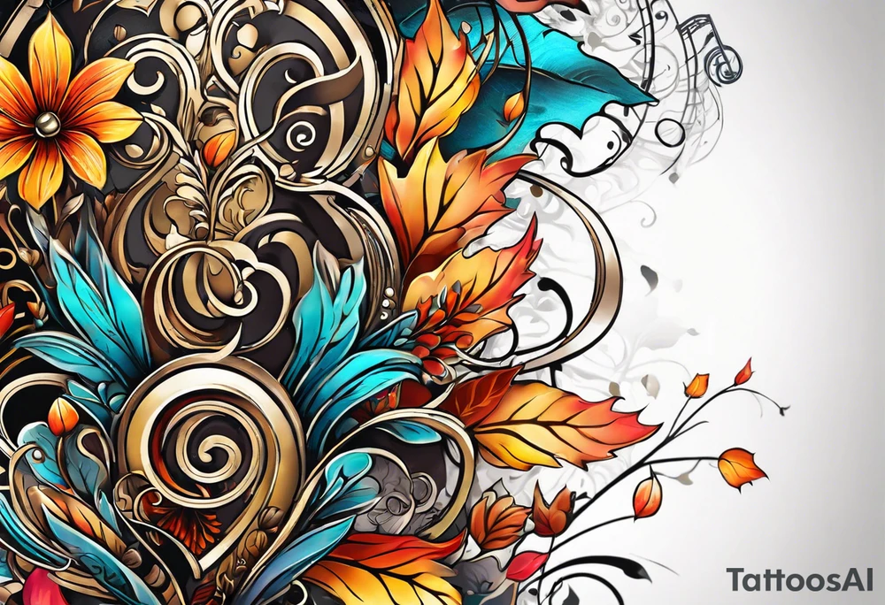 arm sleeve with fall colors, flowers, water flow shapes, leaves and various natural shapes, music notes, skulls tattoo idea