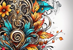 arm sleeve with fall colors, flowers, water flow shapes, leaves and various natural shapes, music notes, skulls tattoo idea