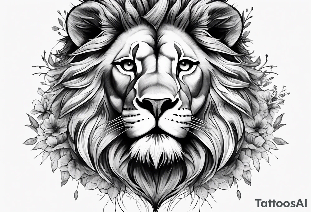 I want a detailed lion with a cross scar over his eye and a crown and the thorns on his head with maybe a little bit of floral work in the crown tattoo idea