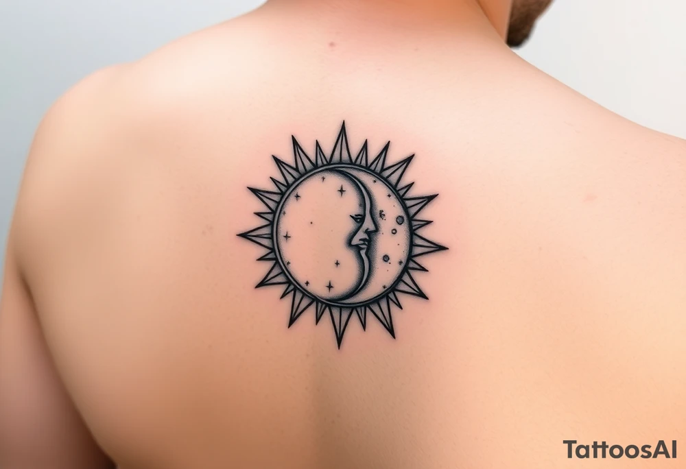 celestial sun and moon embrace with constellation patterns on forearm tattoo idea