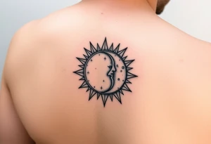 celestial sun and moon embrace with constellation patterns on forearm tattoo idea