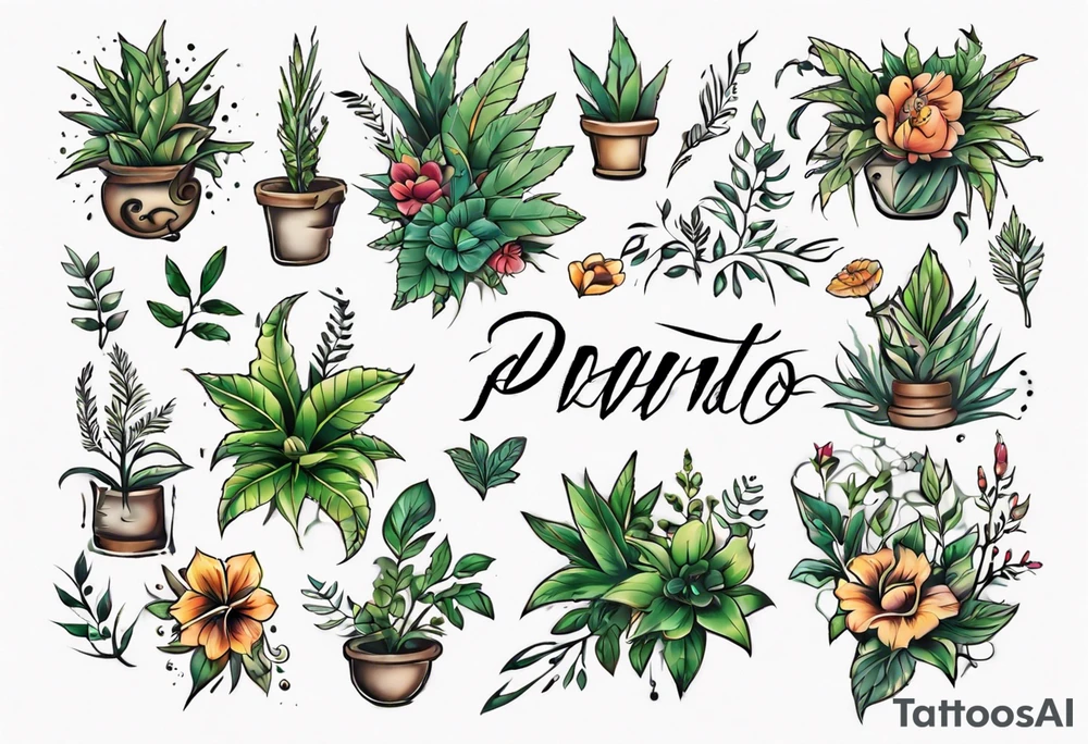 Word ‘Powered’ with plants tattoo idea