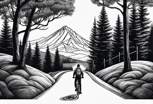 A man with a backpack walking down a road lined with trees, wheeling a bicycle towards a mountain tattoo idea