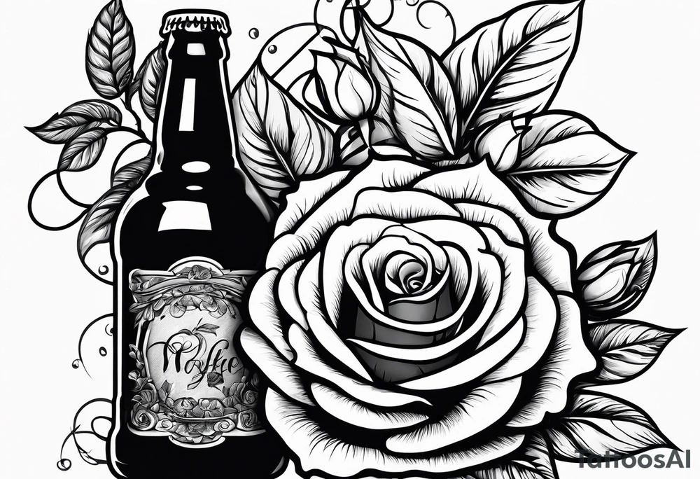 A bottle of beer and a stalk of rose in the bucket tattoo idea
