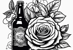 A bottle of beer and a stalk of rose in the bucket tattoo idea