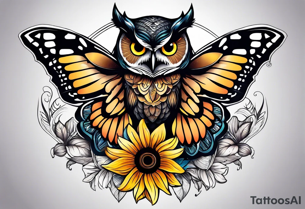 Owl with sunflower and butterfly tattoo idea