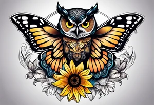 Owl with sunflower and butterfly tattoo idea
