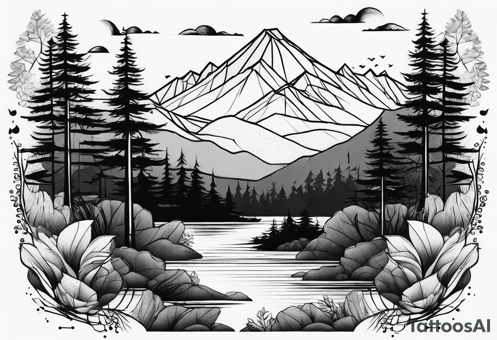 Mountain ocean forest leg sleeve tattoo idea