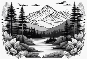 Mountain ocean forest leg sleeve tattoo idea