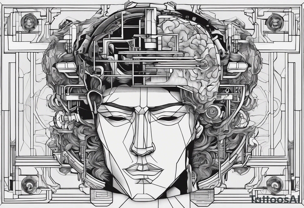 a modular mechanical design where the brain would be in a diagram of the dissected male human head connected or reflected by an abstract lines based image of a ship on fire tattoo idea