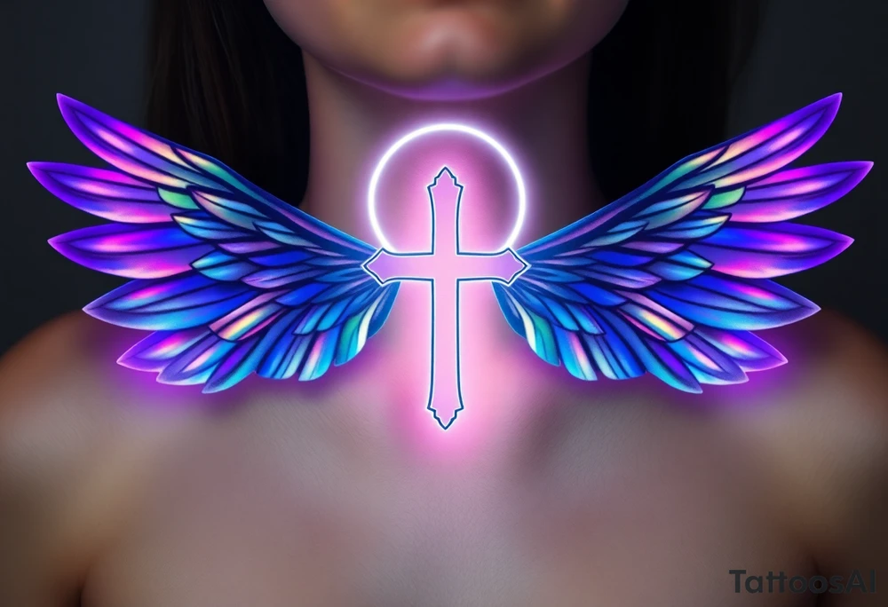 A floating cross inside a luminous halo, with iridescent wings that change colors in light tattoo idea