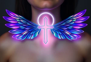 A floating cross inside a luminous halo, with iridescent wings that change colors in light tattoo idea