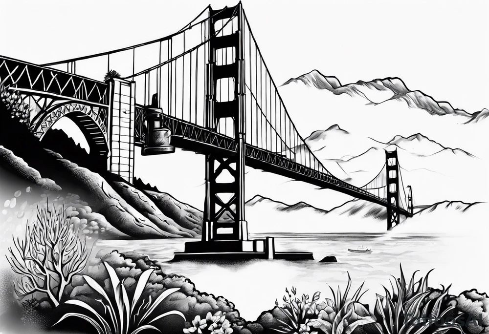 Golden Gate Bridge with fog rolling in with Marin hills in the background tattoo idea