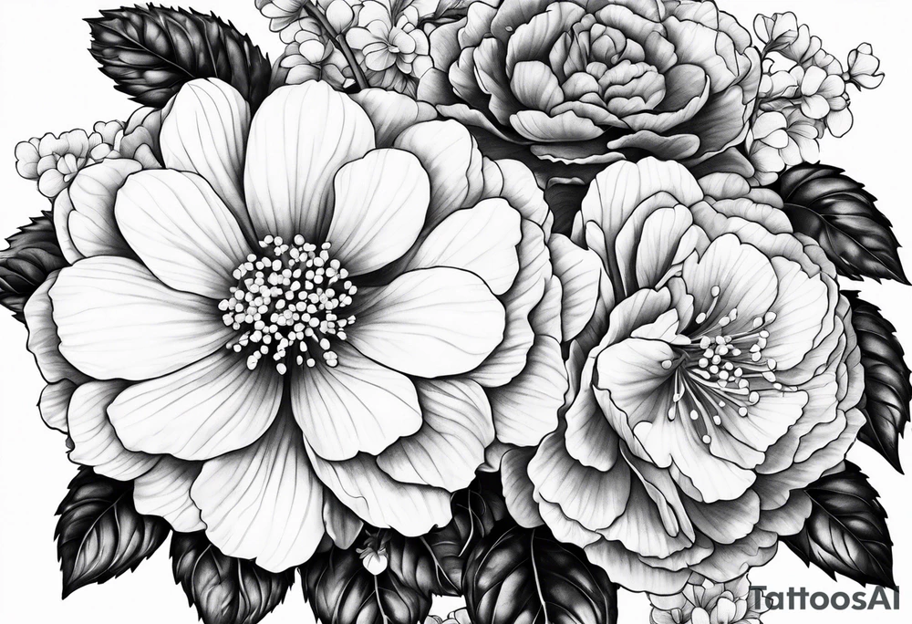 Begonia flower, hydrangeas, marigold tattoo idea