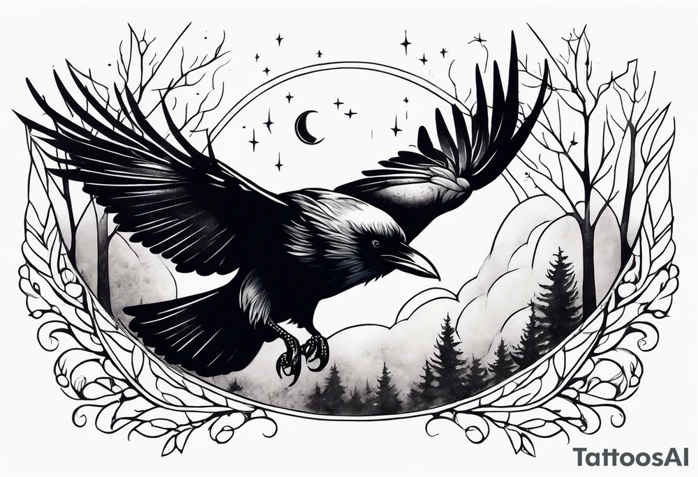Raven in flight, head down, knowing, ethereal, moon stars and trees in the background tattoo idea