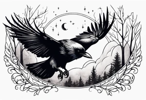 Raven in flight, head down, knowing, ethereal, moon stars and trees in the background tattoo idea