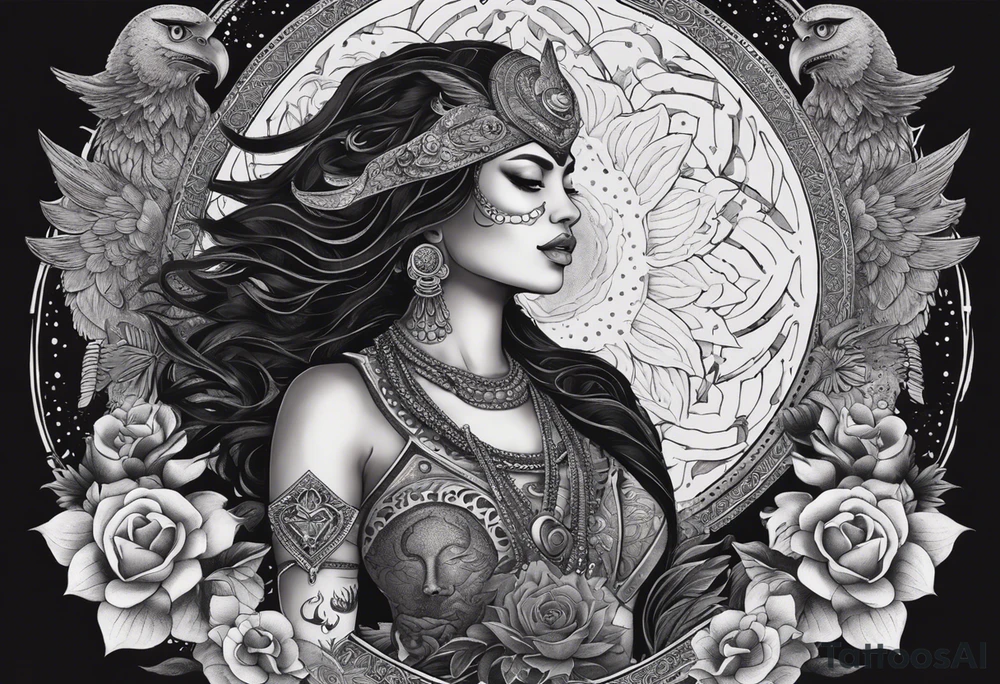 black kali, goddess pirate, alien, angel, pachamama, valkrye, warrior, flying, skull, lotus azul, wing, eagle, zenza resonance, stars, 5D, anahata chakra, death, durga, riding on a tiger, flying lady, kundalini, chest tatoo, samuri, rebel, serpent tattoo idea
