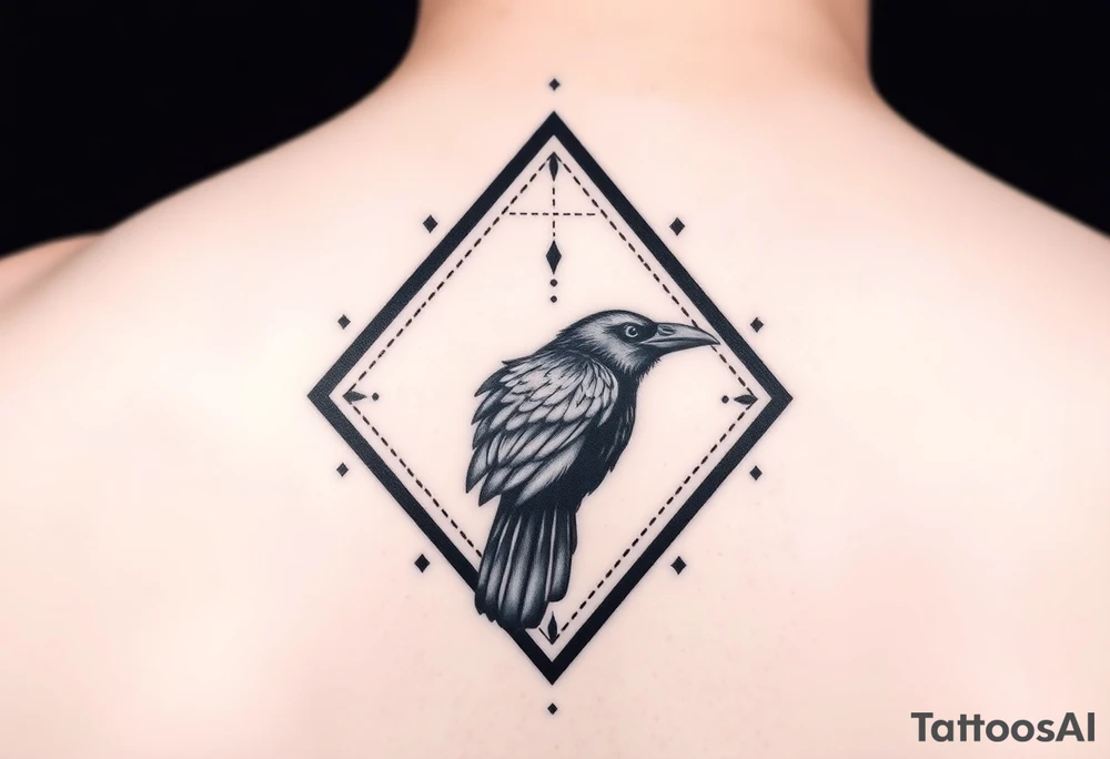 Diamond Geometric design with dotted lines and other designs with big crow extended in the center with dark shading for forearm tattoo idea