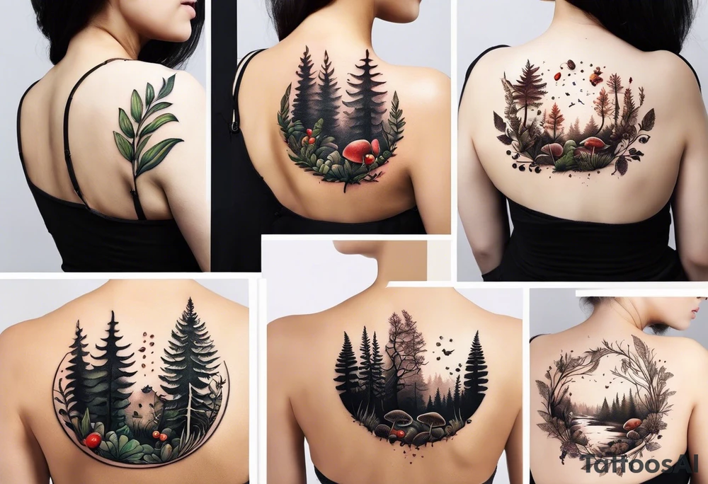 minimalistic forest floor inspired tattoo, which includes grass, moss, curly ferns and dead leaves as the bulk of the tattoo. details to include: forest berries, couple of very small brown mushrooms, a tiny bumblebee flying nearby tattoo idea