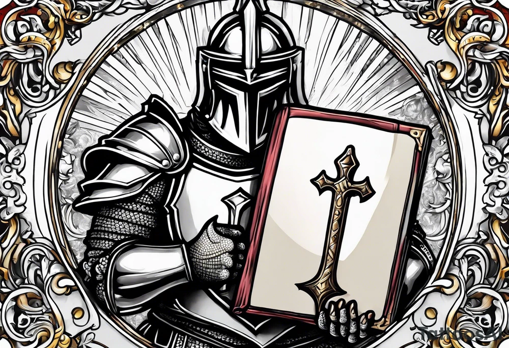 a knight holding the bible as a shield tattoo idea
